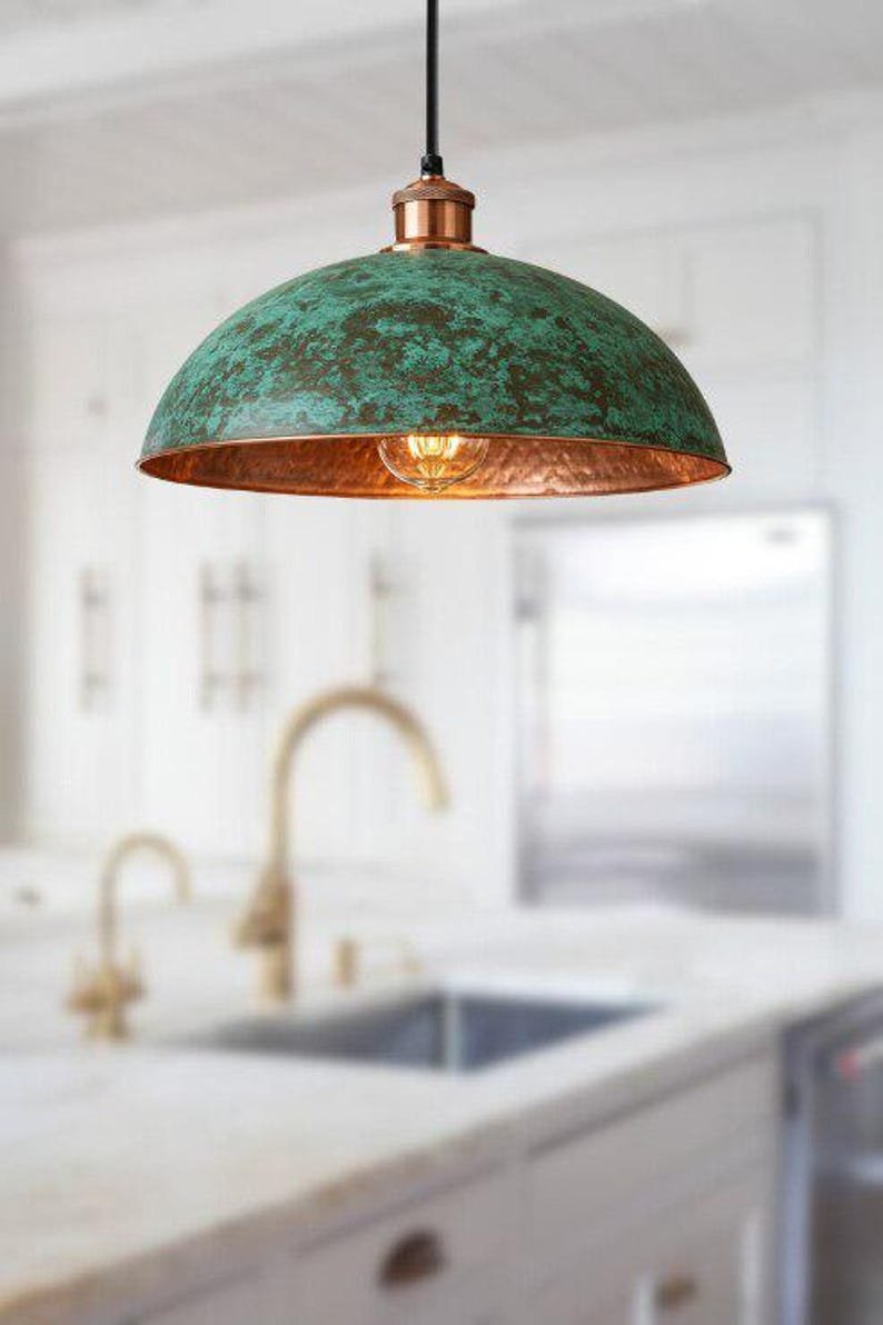 set of 2 Green patina copper dome pendant light- oxidized turquoise patina with copper interior - modern kitchen island-vintage hanging lamp - Image 4