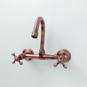 8" Copper Wall Mount Faucet, Gooseneck Faucet, Vintage Copper Wall Mounted tap, 2 Hole Wall Mount Bathroom Faucet with Cross Handles