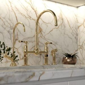 Unlacquered Brass Kitchen Faucet, Center ball Bridge Sink Faucet with Sprayer